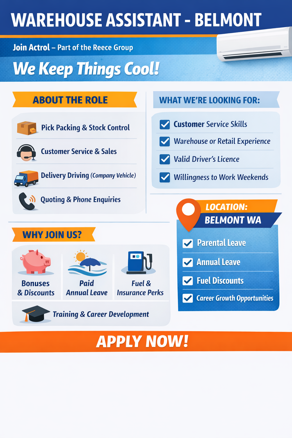 🧊 Warehouse Assistant – Belmont (Actrol / Reece Group)